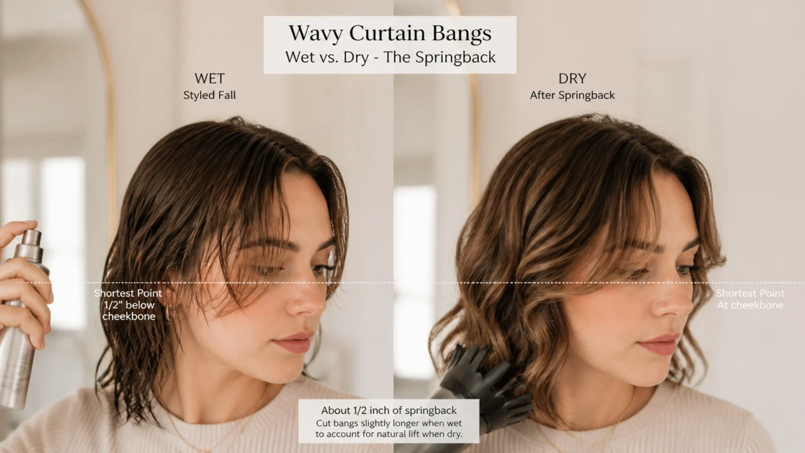 A wet and dry comparison of the same wavy bob showing the fringe sitting half an inch higher once dried