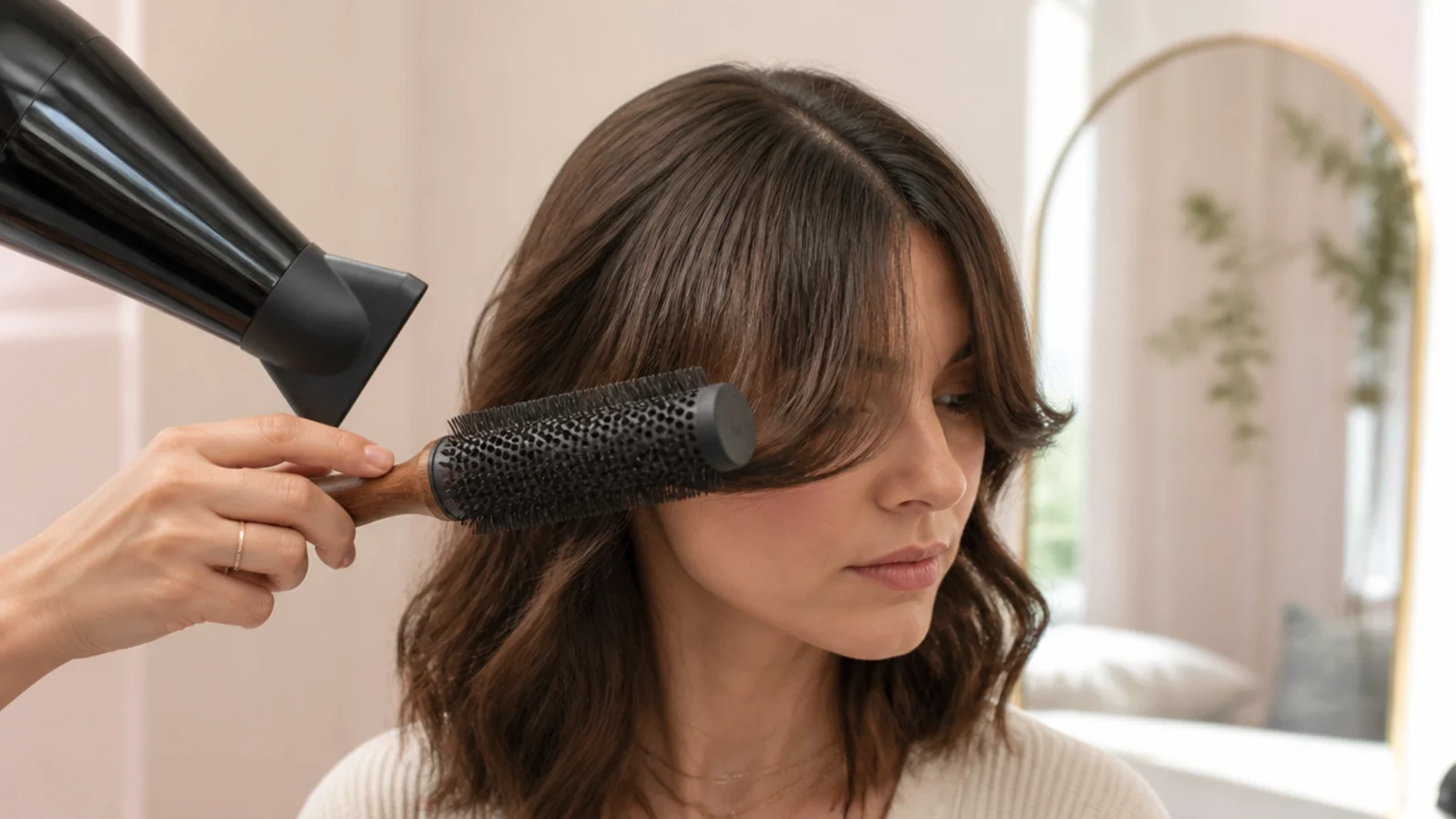 A round brush and a diffuser attachment working through the front section of wavy brown hair
