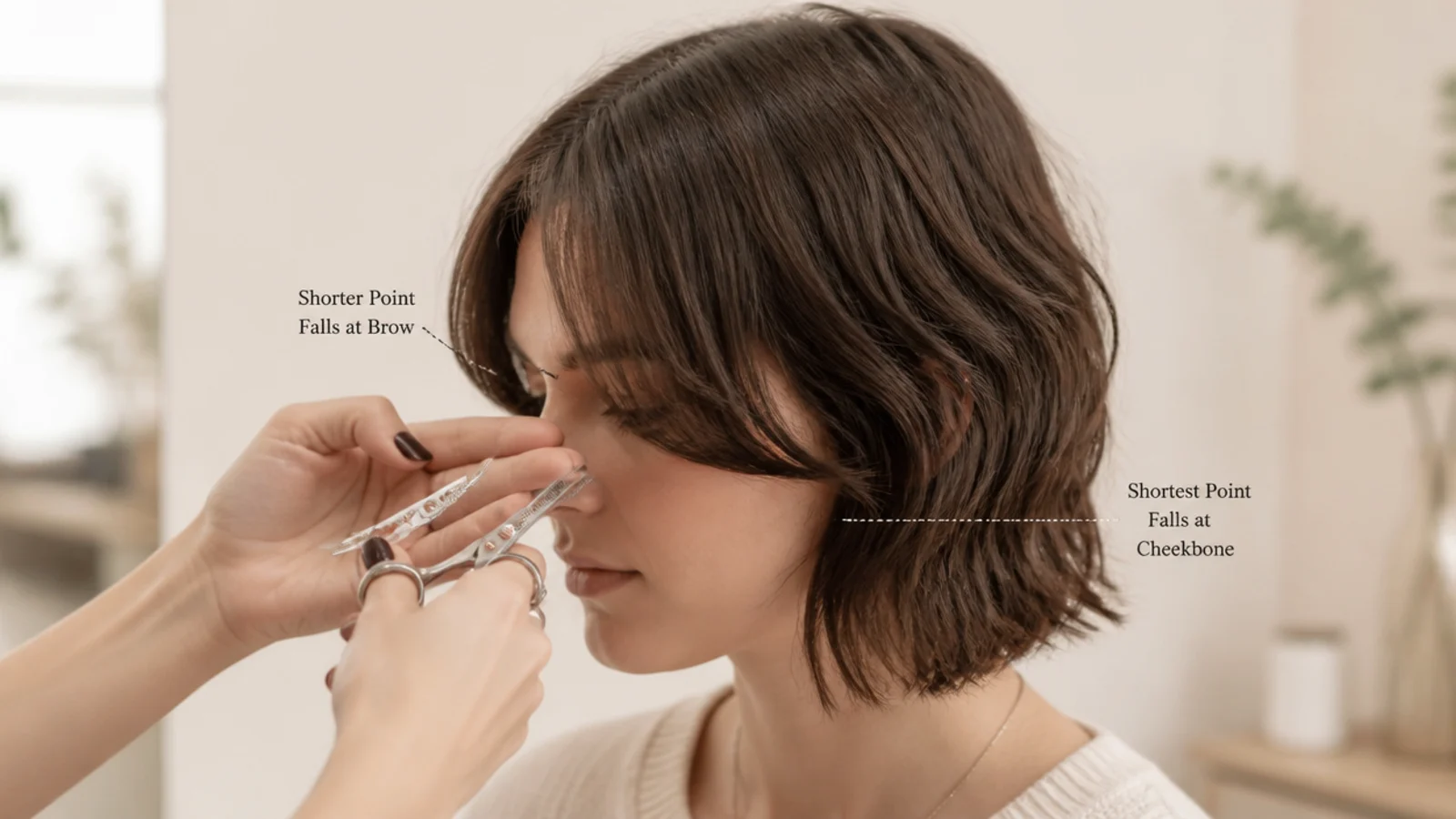 Shears trimming the front of a short wavy bob with reference lines drawn at the brow and cheekbone