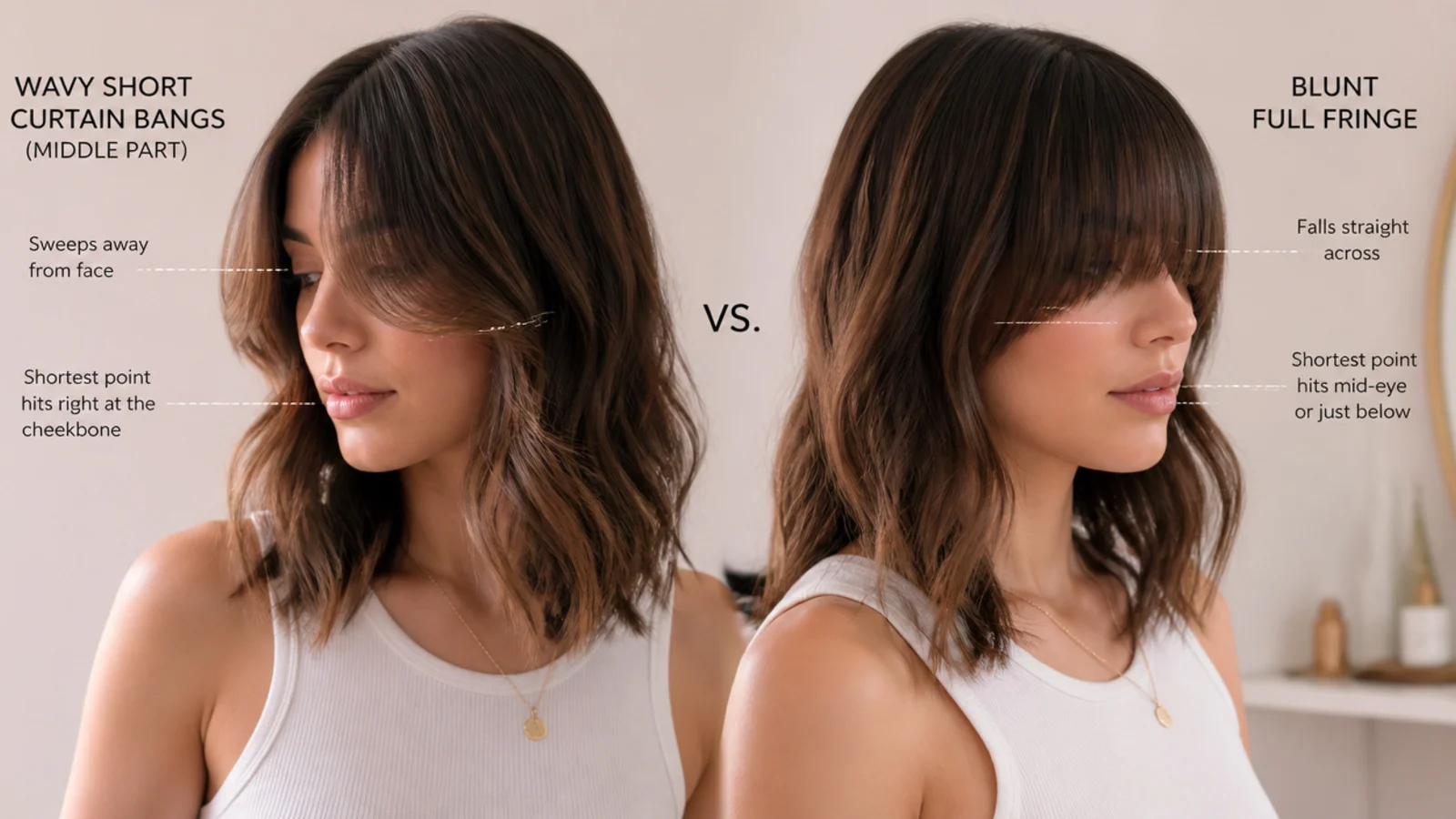Two portraits compared side by side, one with a split fringe sweeping outward and one with a blunt fringe falling across the eyes