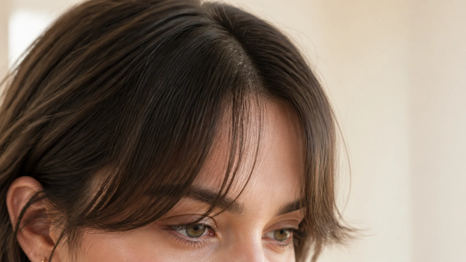Fine brown front pieces split at the centre and ending level with the eyebrow