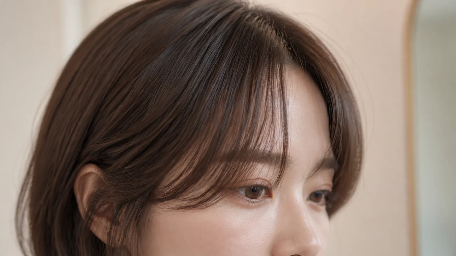 A rounded face with light front pieces finishing just under the eyebrow
