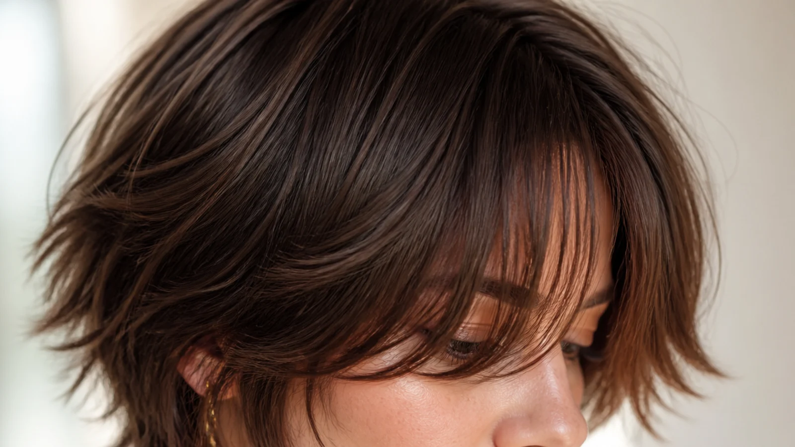 Choppy short layers through the crown with a fine split fringe blending in