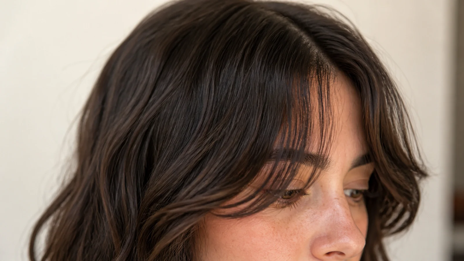 Loose waves with light front pieces bending away from the face at cheek level