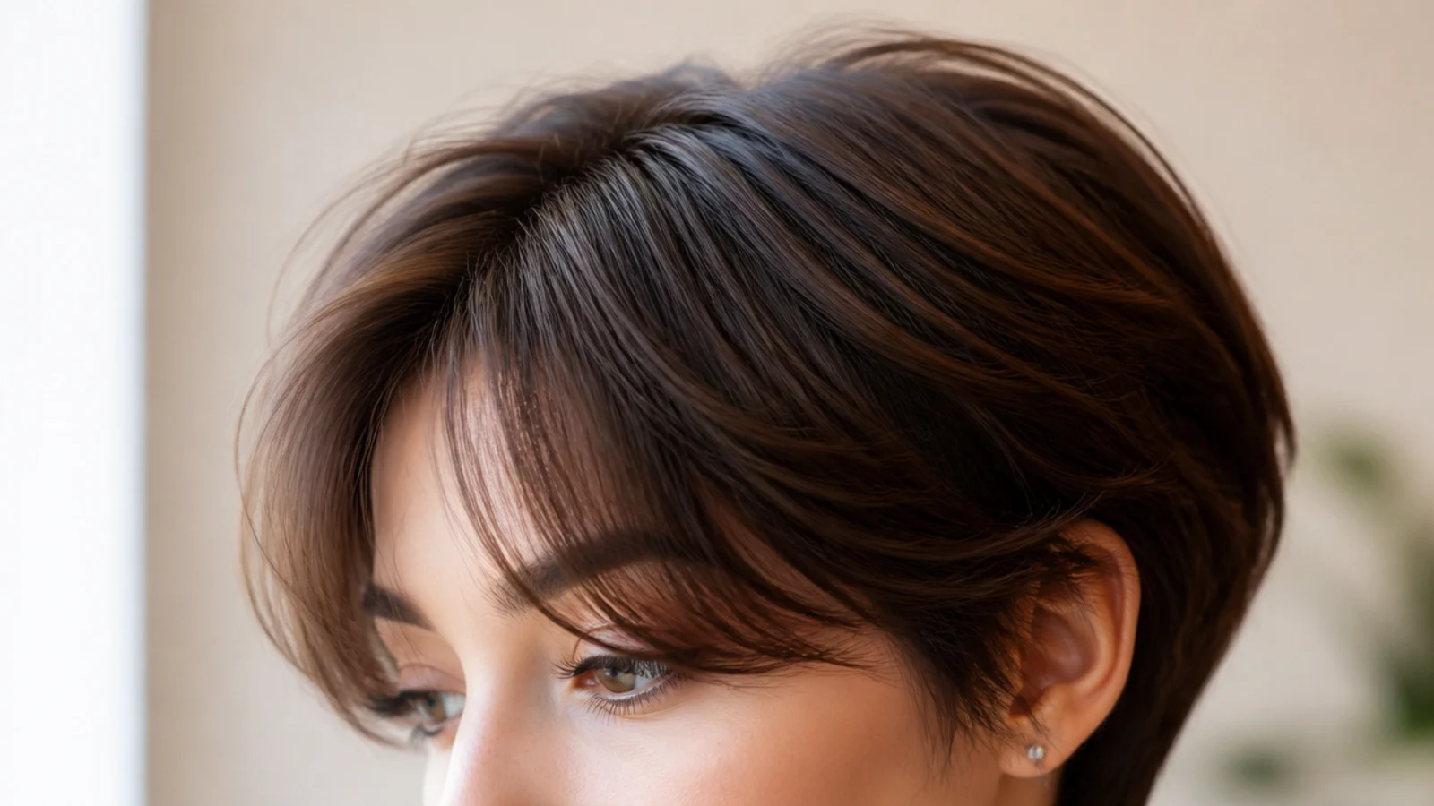 A short pixie cut with longer fine pieces swept across the forehead