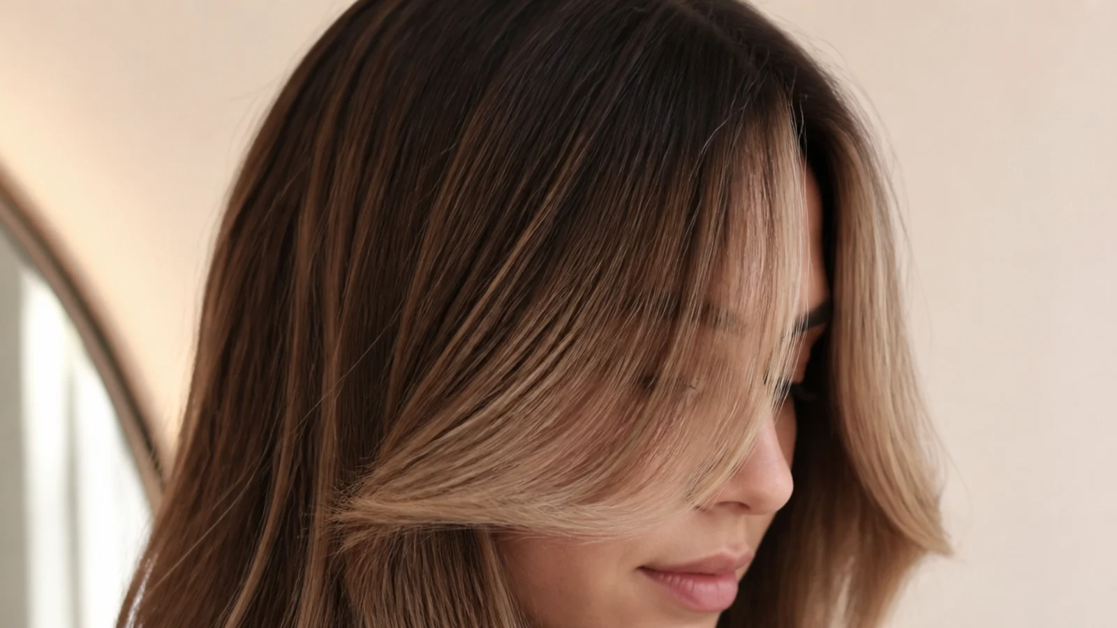 Grown-out fine front pieces reaching the cheekbone and merging into the length