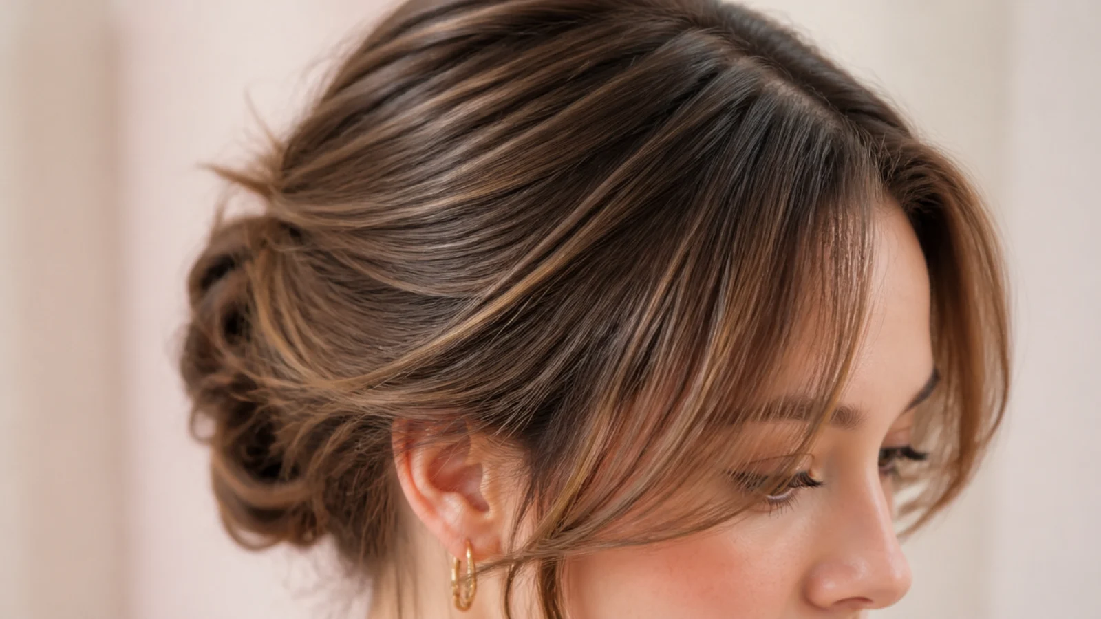 A loose low twisted bun with fine highlighted pieces falling free at the front