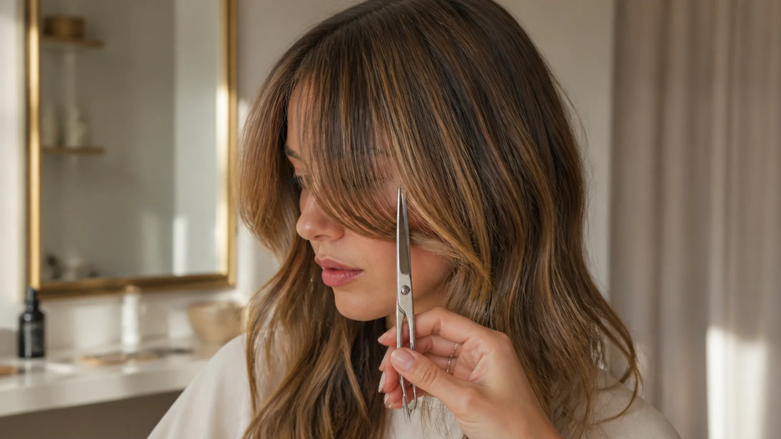 Scissors held upright against a dry front section in front of a gold bathroom mirror
