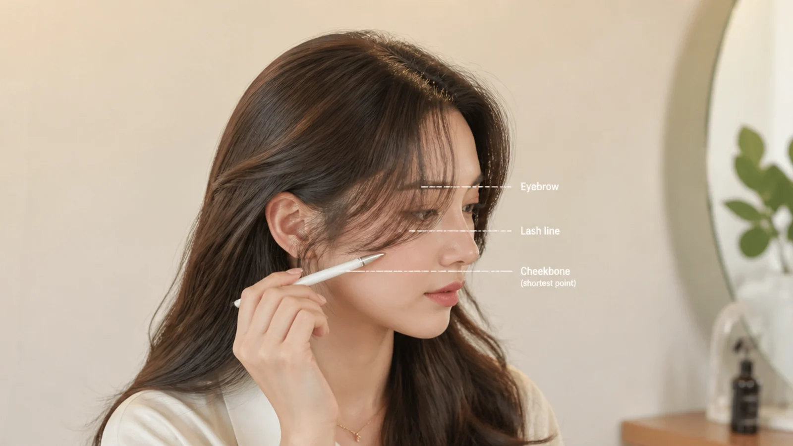 A pen indicating three marked lines on the face at eyebrow, lash line and cheekbone