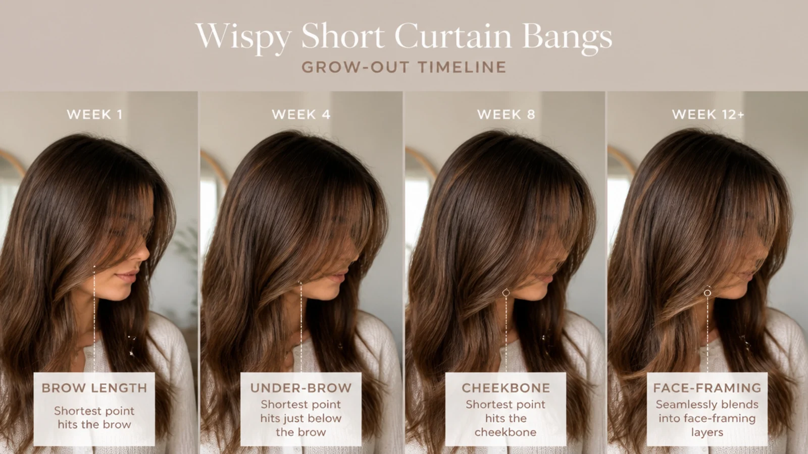 Four-panel grow-out timeline from week one at the brow to week twelve blended into face-framing layers