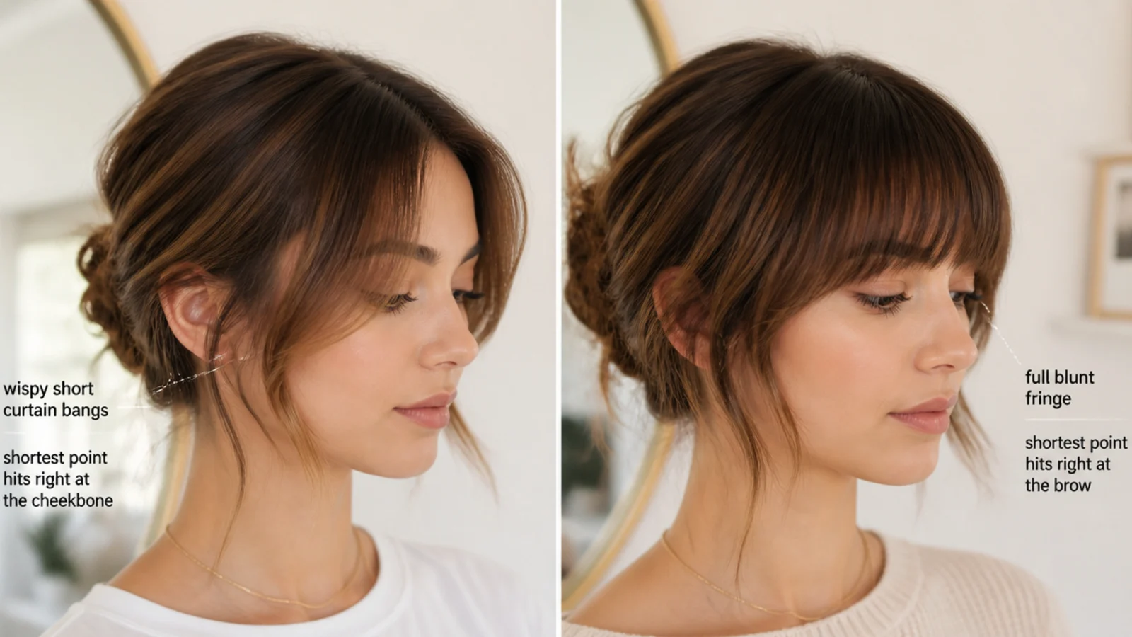 Two updo portraits compared, one with fine tendrils reaching the cheekbone and one with a heavy fringe at the brow