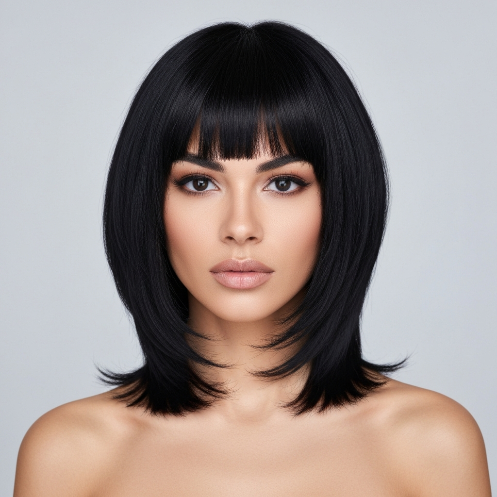 realistic photo of a blunt shag cut with tapered sides, jet black color, framing the jawline to soften angles