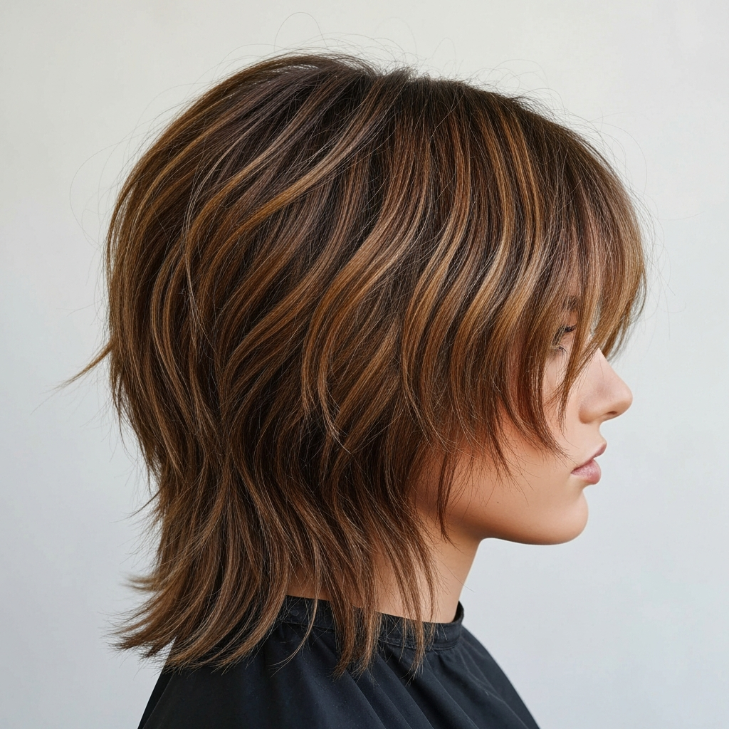 realistic photo of a choppy shag with balayage highlights, medium brown base with caramel highlights, bringing out the texture beautifully