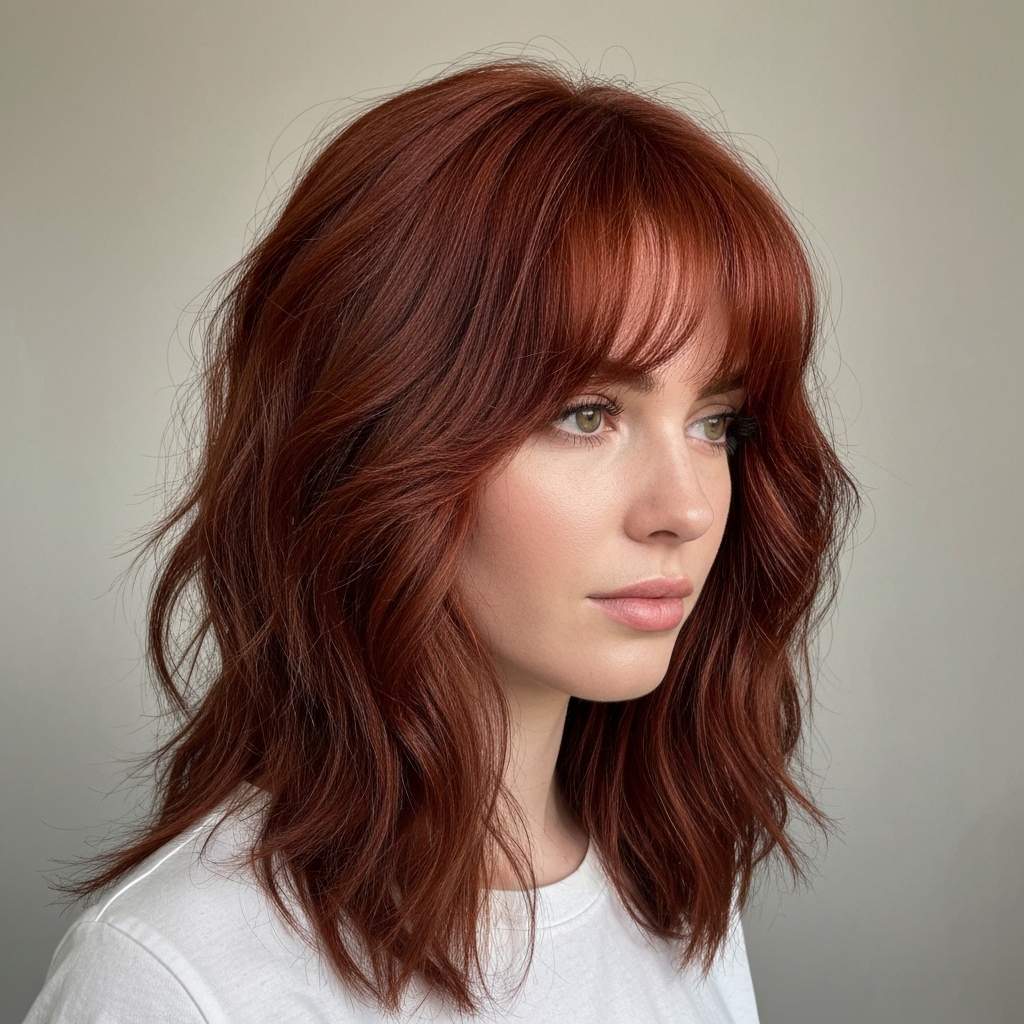 realistic photo of a layered wolf cut with curtain bangs, rich auburn color, and a rounded shape emphasizing the cheeks and chin