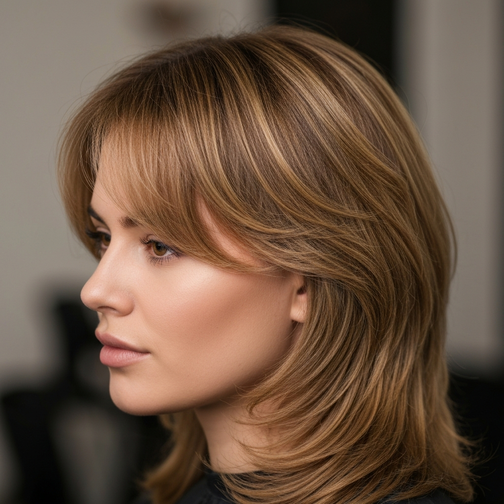 realistic photo of a low fade haircut blended into long, layered hair, light brown color, matched with a square face shape, showing soft layers framing the face
