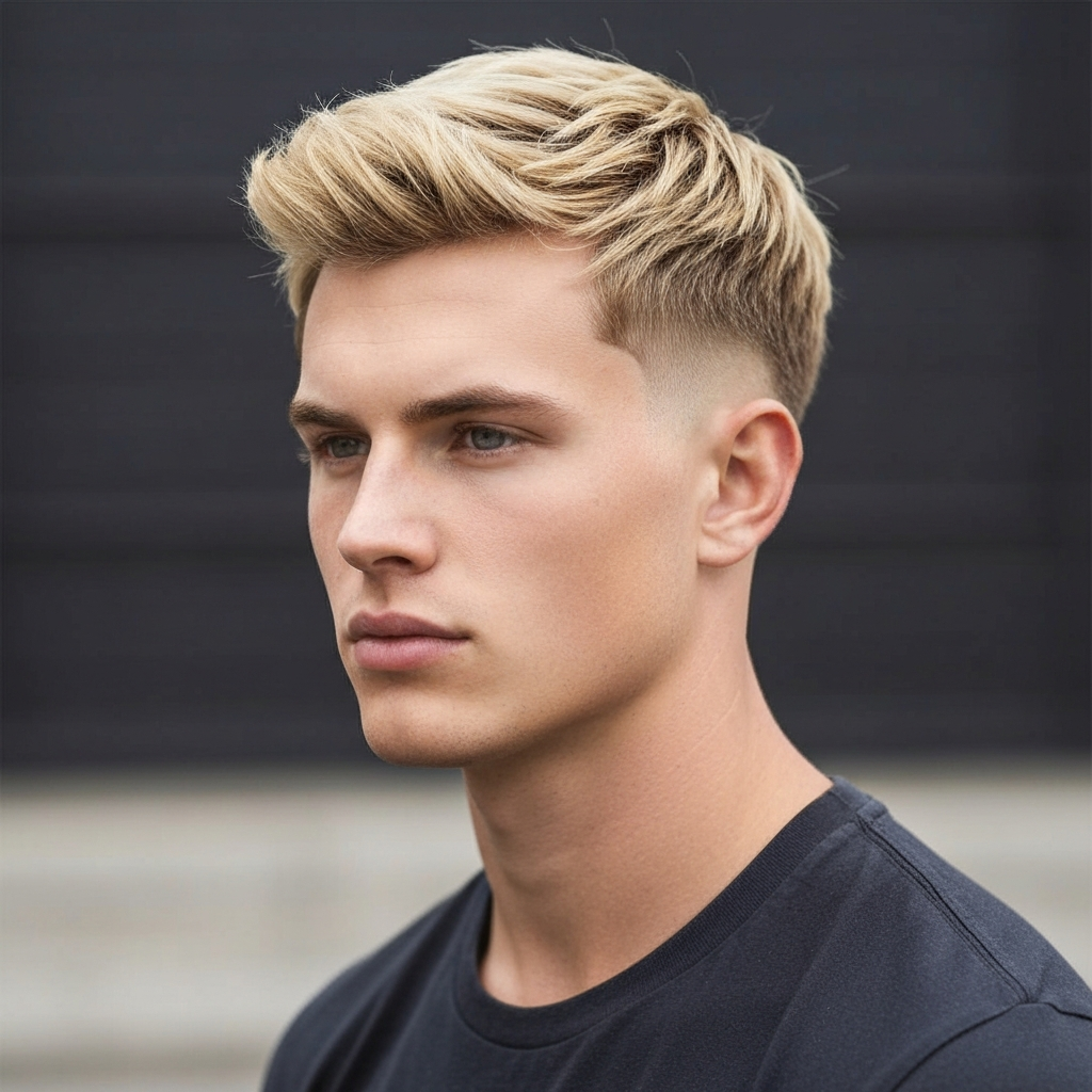 realistic photo of a man sporting a low skin fade with textured crop, featuring sandy blonde hair, suitable for round and triangular face shapes