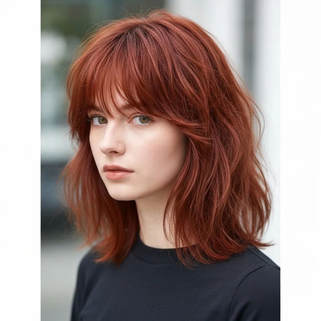 realistic photo of a medium-length shag haircut with wispy curtain bangs. The hair is layered with a mix of straight and slightly tousled texture. The vibrant auburn color enhances a heart-shaped face.