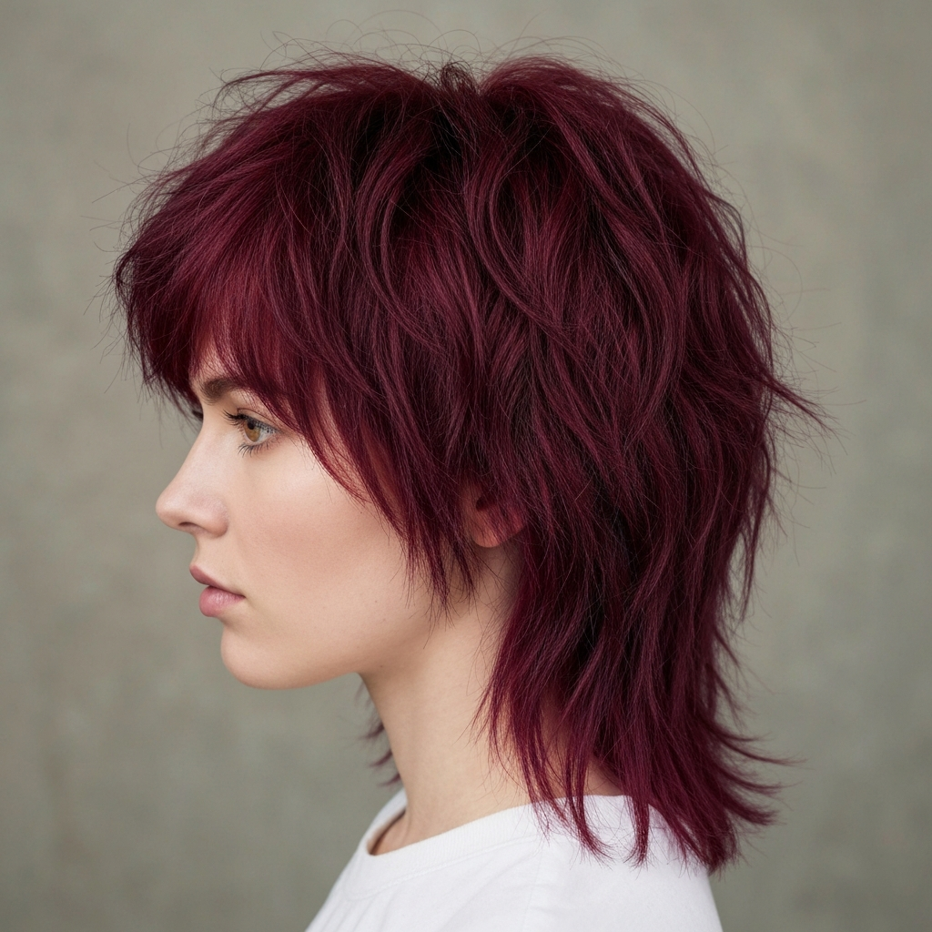 realistic photo of a messy shag with an undercut, deep burgundy color, displaying a striking contrast between the two lengths