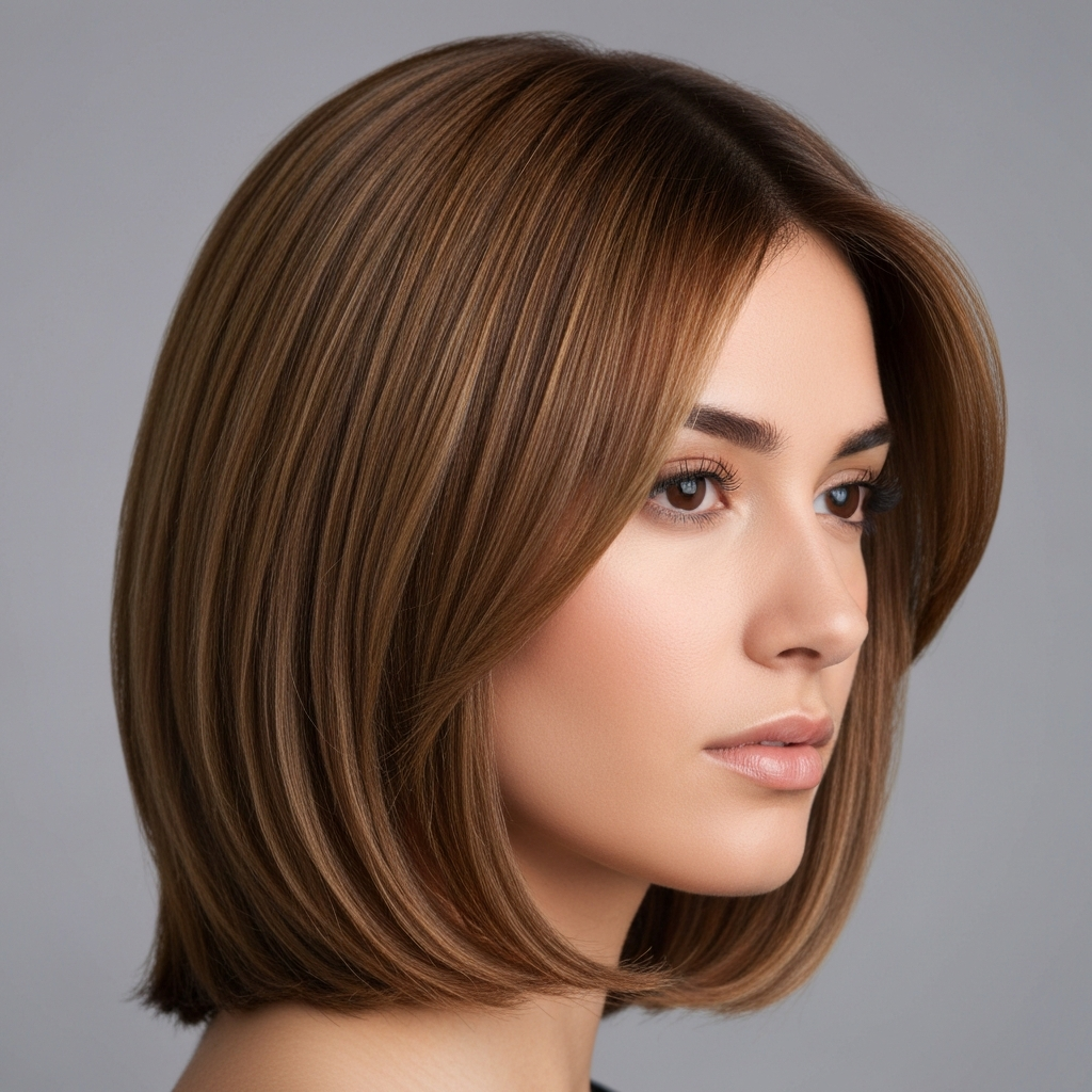 realistic photo of a shoulder-length wolf cut with face-framing layers, a soft caramel color, accentuating cheekbones and chin