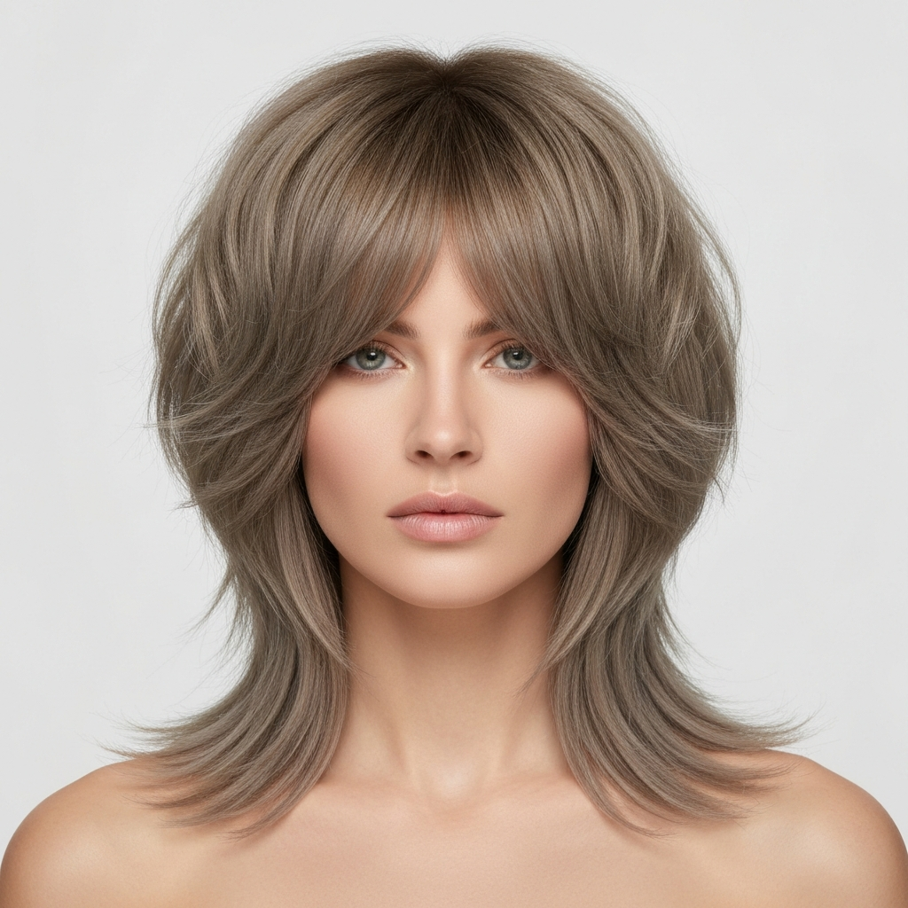 realistic photo of a softly textured shag with long bangs, light ash brown color, showcasing fullness and a dynamic shape