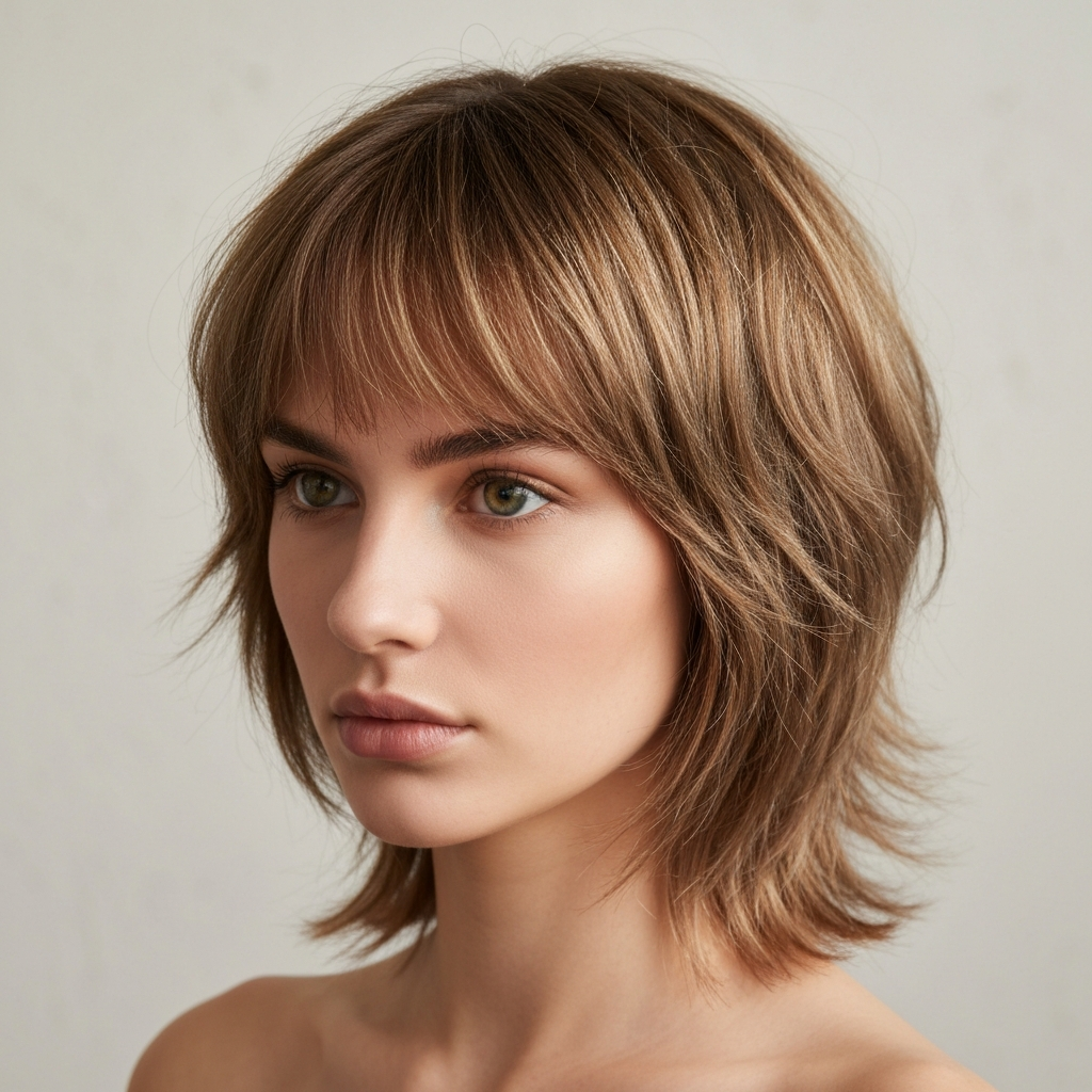 realistic photo of a textured wolf cut with choppy layers, a light brown color, styled with side-swept bangs, suited for an oval face shape