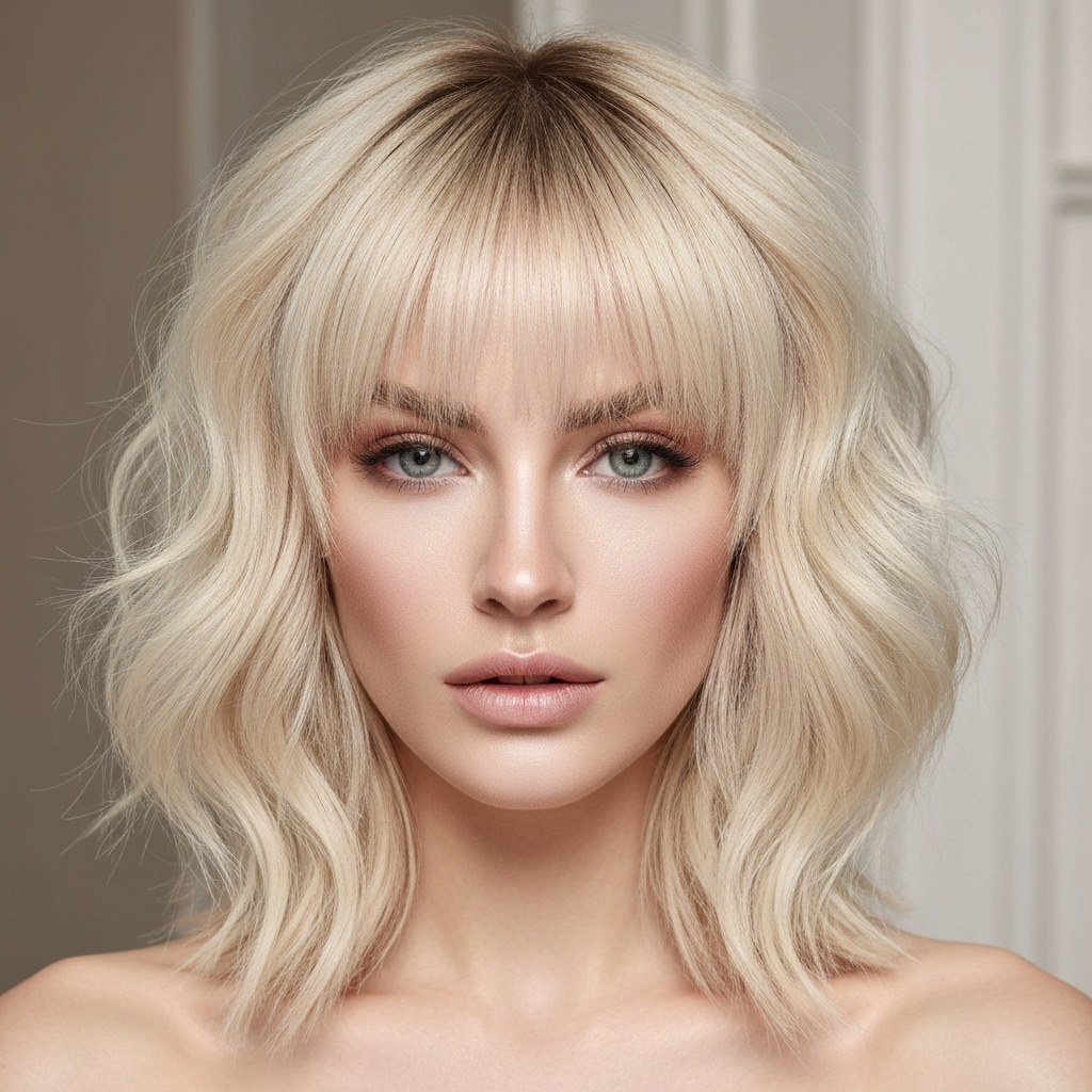 realistic photo of a voluminous wolf cut with fringed bangs, pale blonde color, styled to give the illusion of thickness