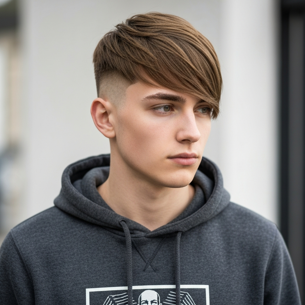 realistic photo of a young man with a skin fade and side-swept bangs, featuring light brown hair, well-suited for triangular and oval face shapes