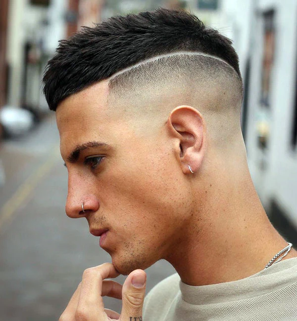 Short French Crop with Disconnected High Fade and Shaved Line 