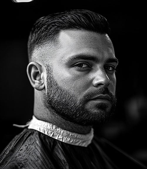 Short Slick Back with Mid Fade and Beard