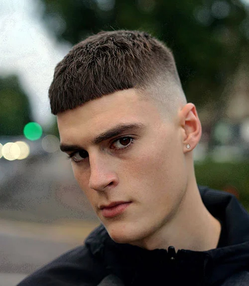 Textured Crew Cut Fade with Blunt Fringe