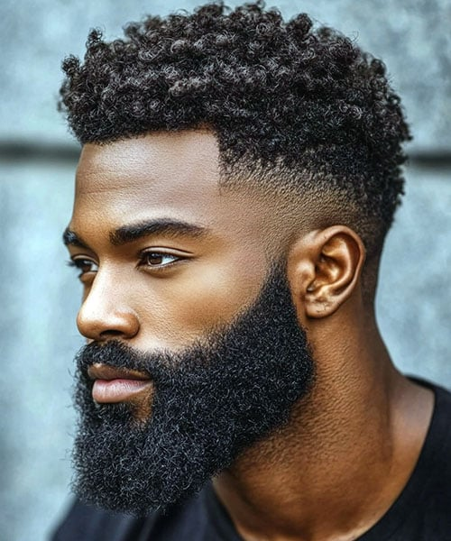 Short Afro Curls with Low Skin Fade