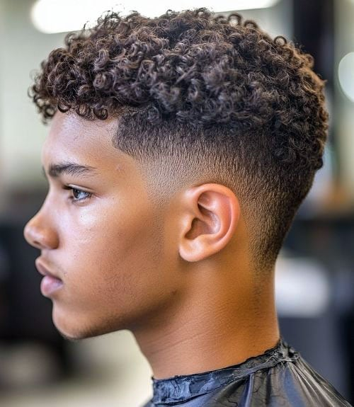 Short Curly Hair with Low Burst Fade