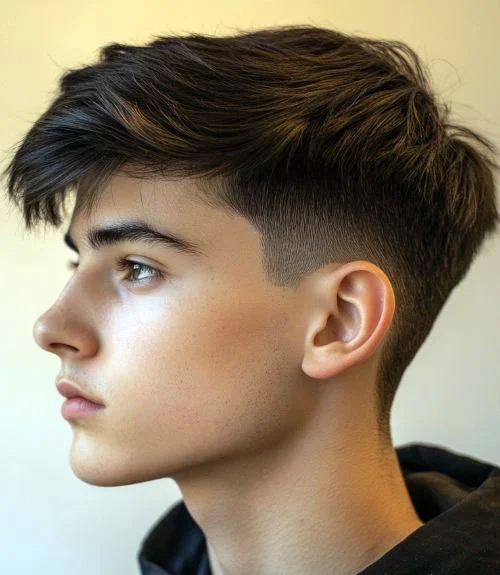 Brushed Forward and Swept with Low Taper Fade
