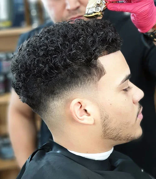 Short Curly Hair Fade with Line Up