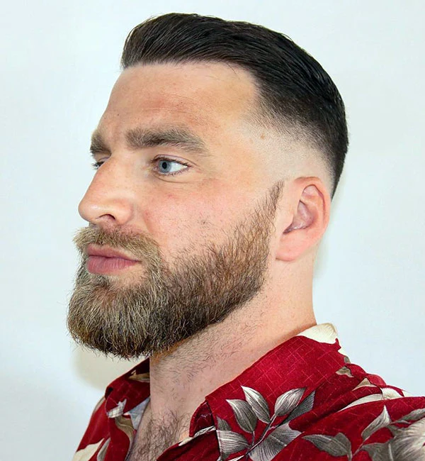 Short Slick Back with Mid Skin Fade and Beard