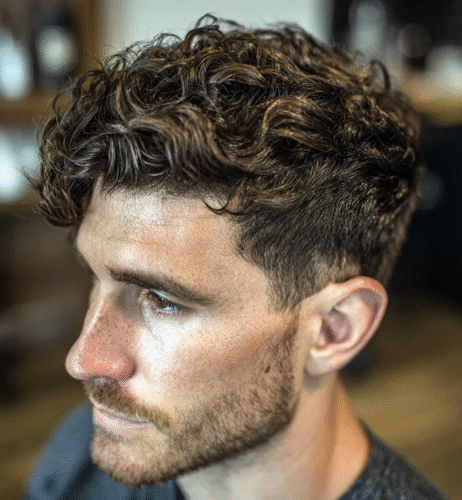 Loose, Flowing Parted Curls with Taper Fade