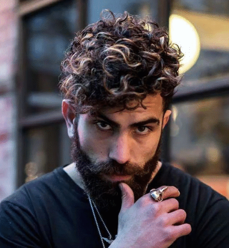 Tousled Medium Curls with Full Beard