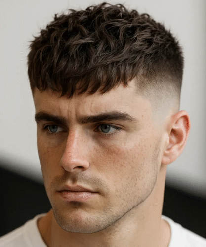 Textured fringe haircut with choppy layers and clean fade for modern edge