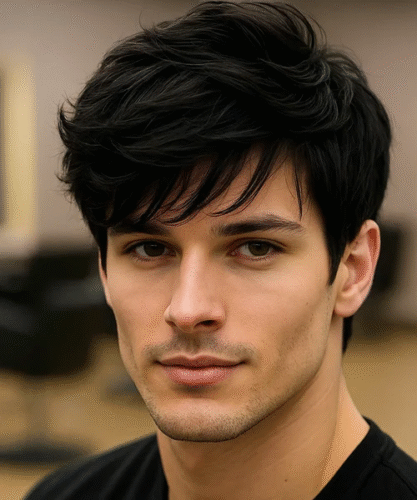 Side swept fringe haircut with sleek angles and natural flow