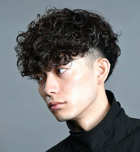 Messy Curly Hair with Taper Fade