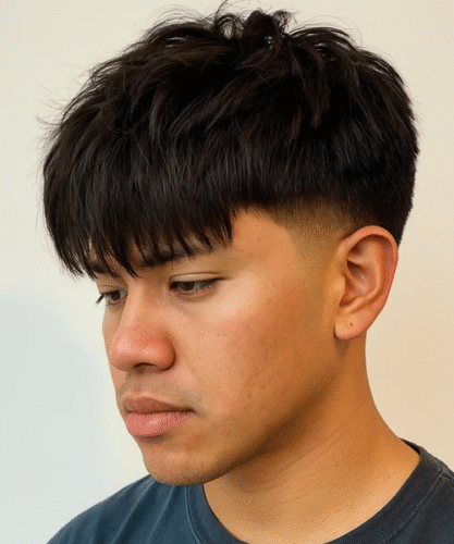 Tapered fringe hairstyle with natural forward texture and smooth fade
