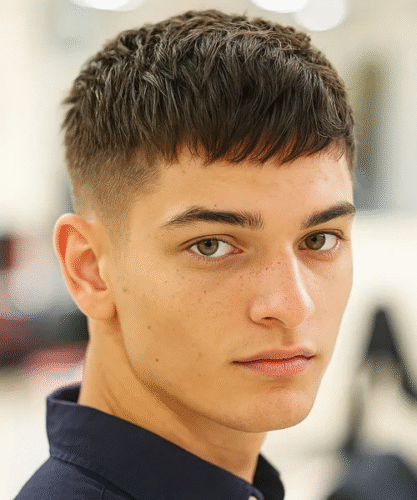 Short fringe haircut with crisp edge and neat texture for low-maintenance style