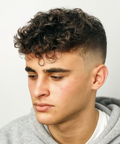 Curly fringe hairstyle with defined curls and clean faded sides