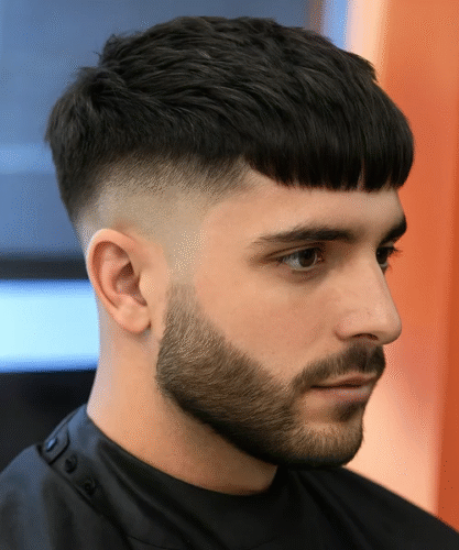 Straight hair fringe with blunt cut and tight side fade for structure