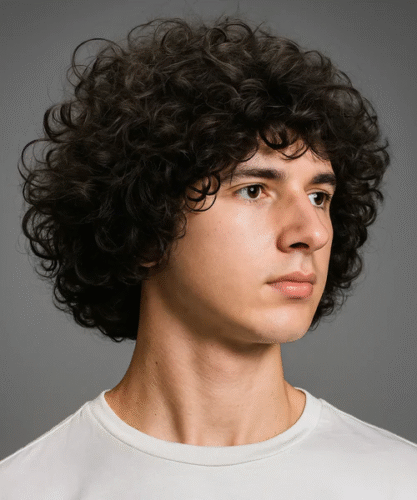 Long curly fringe hairstyle with volume and soft round shape