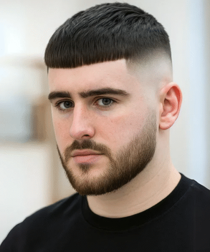 Cropped fringe haircut with sharp edges and straight-across front