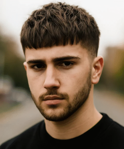 Textured short fringe with sharp layers and low-maintenance shape