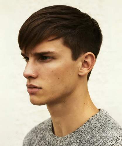 Classic fringe hairstyle with soft side-swept bangs and neat trim