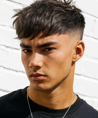 Asian fringe haircut with voluminous layered bangs and tapered fade