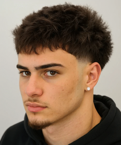 Fringe haircut with fluffy texture and smooth low fade